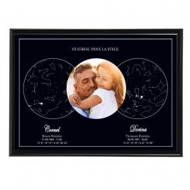 Tablou personalizat cu harta stelelor model cu poza rama negru 20 x 30 cm