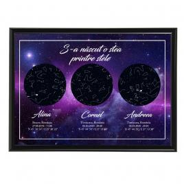 Tablou personalizat cu harta stelelor, model zile de nastere, rama negru, 20 x 30 cm