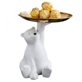 Urs Polar Decorativ cu Suport Tava Metalica, Happy Polar Bear, Multifunctional, Diametru Tava 17cm, 11x11x19cm, Alb/Auriu