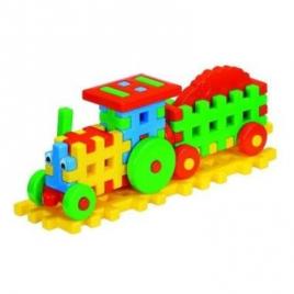 Cuburi constructii pentru copii, tractor cu remorca multicolor , dimensiuni 38 x 10,5 x 14,5 cm , mercatontoys