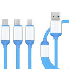 Cablu de incarcare 3n1, fast charging, microusb, type-c, lighting, 1.2 m, albastru