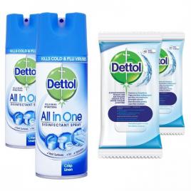 Pachet Dettol 2 x Spray Dezinfectant 400 ml Crisp Linen + 2 x servetele dezinfectante 40 buc