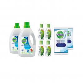 Pachet Dettol 2 x servetele dezinfectante 40 buc + 4 x Gel dezinfectant 50ml + 2 x Dezinfectant pentru haine 1.5L