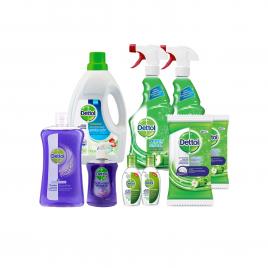 Pachet Dettol Aromatic: 2 x Spray dezinfectant 500ml, 1 x Rezerva sapun lichid 750ml, 1 x Sapun lichid 250ml, 2 x Gel dezinfectant 50ml, 2 x Servetele dezinfectante 40buc, 1 x Dezinfectant haine fara parfum 1.5L