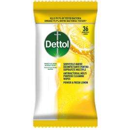 Servetele umede dezinfectante pentru suprafete multiple Dettol Power & Fresh Lemon, 36 buc