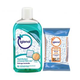 Set curatenie si igienizare, Igienol Eucalipt Solutie, 1000 ml + Servetele umede multisuprafete, 40 buc