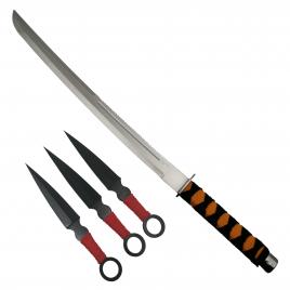 Set de vanatoare ideallstore®, sabie ninja path si set trei cutite de aruncat, otel inoxidabil, negru