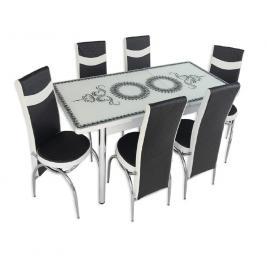 Set masa extensibila Galant White, alb cu negru, MDF acoperit cu sticla, 6 scaune, living si bucatarie