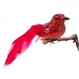 Ornament de Crăciun - pasăre cu sclipici - cu clemă - roșie - 2 buc / pachet - 58643A