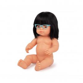 Papusa educationala 38 cm fetita asiatica purtatoare de ochelari