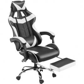 Scaun gaming, ergonomic din piele ecologica, spate inalt, suport lombar, suport pentru picioare si tetiera rectractabila, alb/negru
