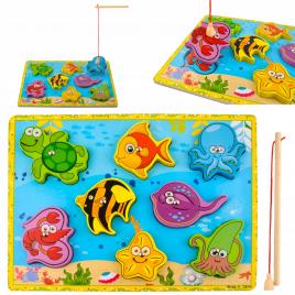 Set joc de pescuit pentru copii cu 8 animale marine si undita, dimensiuni 29.5x22x0.6 cm