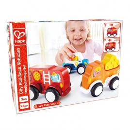 Set 3 masinute din lemn cu motor pull-back hape