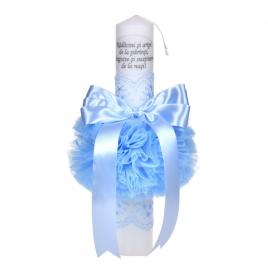 Lumanare botez cu mesaj, decor bleu, cu fundita si dantela, denikos® c1034
