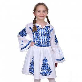 Rochie traditionala fetite, alba, broderie traditionala albastra, 1 - 16 ani,