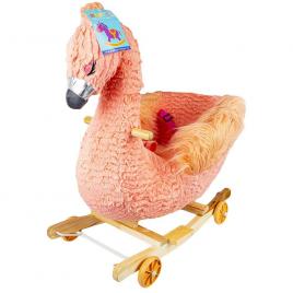 Balansoar pentru bebelusi flamingo lemn + plus cu rotile roz 66 cm