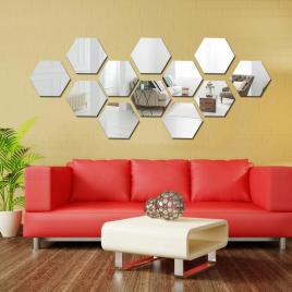 Set 12 panouri autocolante hexagonale oglinda de perete, model ambiance mirror, dimensiuni 15,5 x 17,5 cm