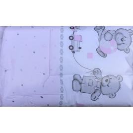 Set lenjerie 5 piese beberoyal_cearceaf cu elastic, plapumioara, pernita, 2 aparatori laterale fiecare cu dimensiunea de 180 * 35 cm_pentru patut copii, bebelusi cu dimensiunea de 120*60 cm, din bumbac - urs bomboane roz cod 065