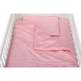 Babyneeds - lenjerie patut 3 piese, cu pernuta, plapumioara, cearceaf, din bumbac, pentru patut 140x70 cm, roz cu stelute albe