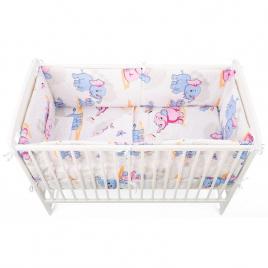 Babyneeds - lenjerie patut 5 piese, cu doua protectii laterale, pernuta, plapumioara, cearceaf, din bumbac, pentru patut 120x60 cm, elefantei, albastru-roz