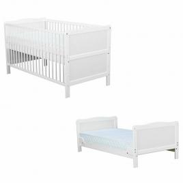 Babyneeds - patut din lemn nadia transformabil pentru bebe si junior, 140x70 cm, din lemn de pin si mdf, stabil si rezistent, inaltime saltea reglabila pe 3 nivele, laterala cu 3 bete detasabile, alb