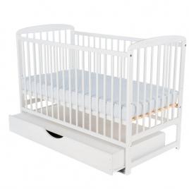 Babyneeds - patut din lemn ola 120x60 cm, cu sertar cu capac, din lemn de pin si mdf, stabil si rezistent, inaltime saltea reglabila pe 3 nivele, laterala cu 3 bete detasabile, alb