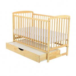 Babyneeds - patut din lemn ola 120x60 cm, cu sertar cu capac, din lemn de pin si mdf, stabil si rezistent, inaltime saltea reglabila pe 3 nivele, laterala cu 3 bete detasabile, natur