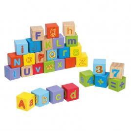 Joueco - cuburi din lemn alfabetul, 12 luni+, 30 piese, multicolor