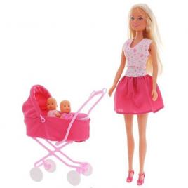 Papusa simba steffi love sunshine twins 29 cm roz cu carucior si accesorii