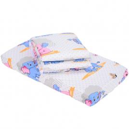 Babyneeds - lenjerie patut 2 piese, cu protectie laterale, cearceaf, din bumbac, pentru patut 90x50 cm, elefantei, albastru-roz