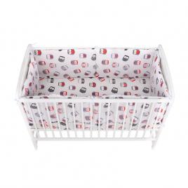 Babyneeds - lenjerie patut 3 piese, cu doua protectii laterale, cerceaf, din bumbac, pentru patut 120x60 cm, bufnite, gri-rosu