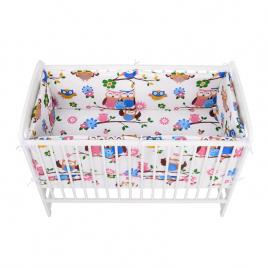 Babyneeds - lenjerie patut 3 piese, cu doua protectii laterale, cerceaf, din bumbac, pentru patut 120x60 cm, bufnitele vesele, alb