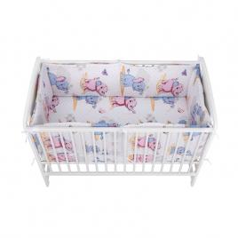 Babyneeds - lenjerie patut 3 piese, cu doua protectii laterale, cerceaf, din bumbac, pentru patut 120x60 cm, elefantei, albastru-roz