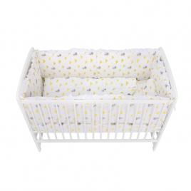 Babyneeds - lenjerie patut 5 piese, cu doua protectii laterale, pernuta, plapumioara, cearceaf, din bumbac, pentru patut 120x60 cm, cu volanas, vrabiute, gri-galben