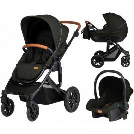 Carucior 3 in 1, trio comfort, cu cadru din aluminiu, cu landou intarit, reversibil, scoica auto, parte sport cu sezut reversibil, geanta pentru mamici, freeon, black