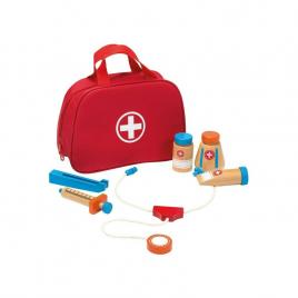 Joueco - jucarie set doctor, din lemn certificat fsc, 25x18 cm, 24 luni+, 8 piese, multicolor