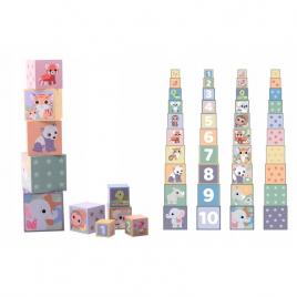 Joueco - jucarie de stivuit familia wildies, din carton, 24x17 cm, 18 luni+, 10 piese, multicolor