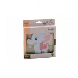 Joueco - puzzle din lemn certificat fsc, familia wildies, elefant, 15x18.5 cm, 12 luni+,4 piese, multicolor