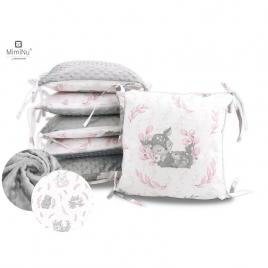 Miminu - aparatoare cu 6 pernute modulare, cu doua fete, cu fermoar, cu husa detasabila si lavabila, pentru patut 120x60 cm, din bumbac 100% si tesatura pufoasa minky, minky lulu rose gray