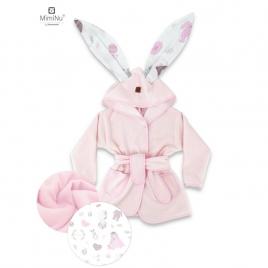 Miminu - halat de baie cu urechi 6 - 36 luni, moale, cu buzunare, cu cordon, din bumbac thermo fleece, baby shower pink