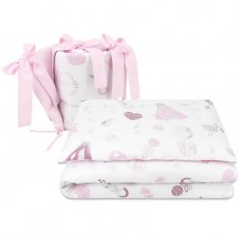 Miminu - lenjerie patut 3 piese, cu protectie laterala, baby shower pink, din bumbac, pentru patut 120x60 cm