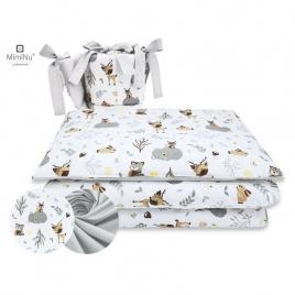 Miminu - lenjerie patut 3 piese, cu protectie laterala, forest friends grey/beige, din bumbac, pentru patut 120x60 cm