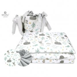 Miminu - lenjerie patut 3 piese, cu protectie laterala, forest friends grey/mint, din bumbac, pentru patut 120x60 cm