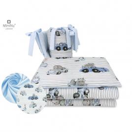 Miminu - lenjerie patut 3 piese, cu protectie laterala, old road blue, din bumbac, pentru patut 120x60 cm