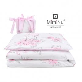 Miminu - lenjerie patut 3 piese, cu protectie laterala, peonie pink, din bumbac, pentru patut 120x60 cm