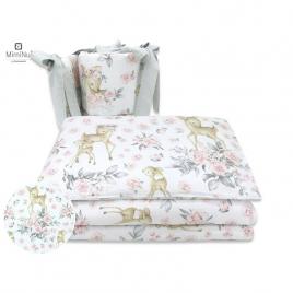 Miminu - lenjerie patut 3 piese, cu protectie laterala, sweet deer pink, din bumbac, pentru patut 120x60 cm