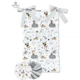 Miminu - organizator pentru patut, din bumbac, cu 6 compartimente, cu doua panglici, 70x40 cm, forest friends grey/beige