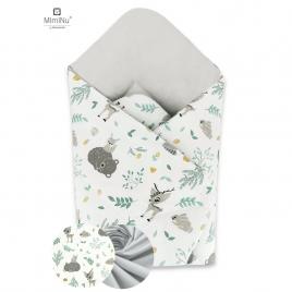 Miminu - paturica de infasat cu doua fete, cu multiple utilizari, cu inchidere arici velcro, dimensiune 75x75 cm, din bumbac, forest friends grey/mint