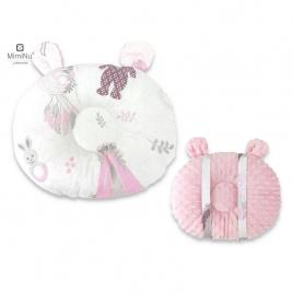 Miminu - perna bebelusi ursulet, multifunctionala, cu doua fete, tesatura pufoasa minky si bumbac, minky baby shower pink