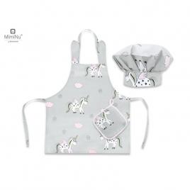 Miminu - set micutul bucatar, cu sort, o boneta si accesoriu pentru vase calde, pink unicorn